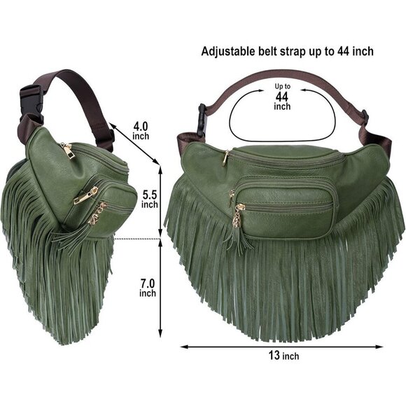 💫 Women Green Fringe Multi Zipper Pockets Trendy Style Casual Wear Waist bag - Picture 5 of 9